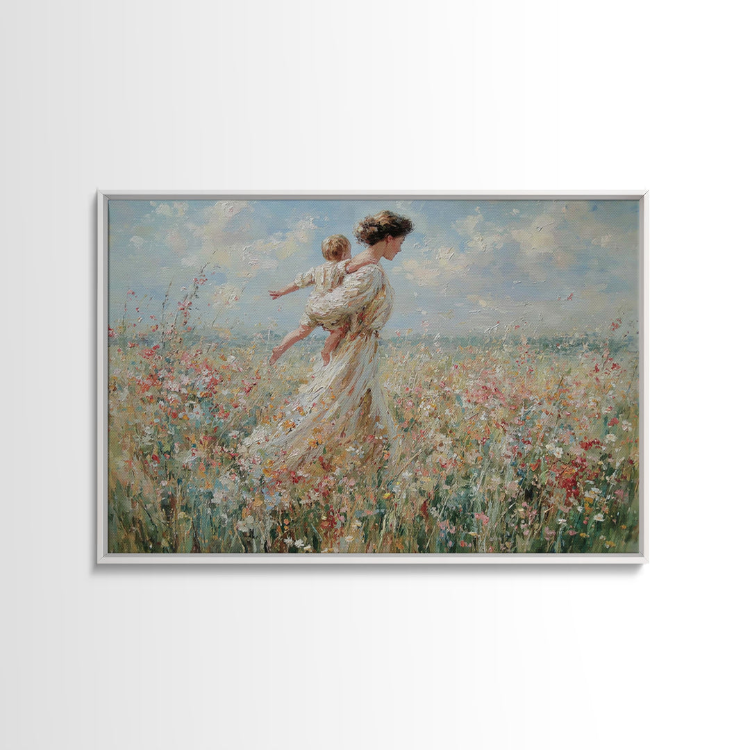Mother Carrying Child Across Breezy Wildflower Field Wall Art, Impressionist Floral Landscape Canvas Print, Gift For Mom