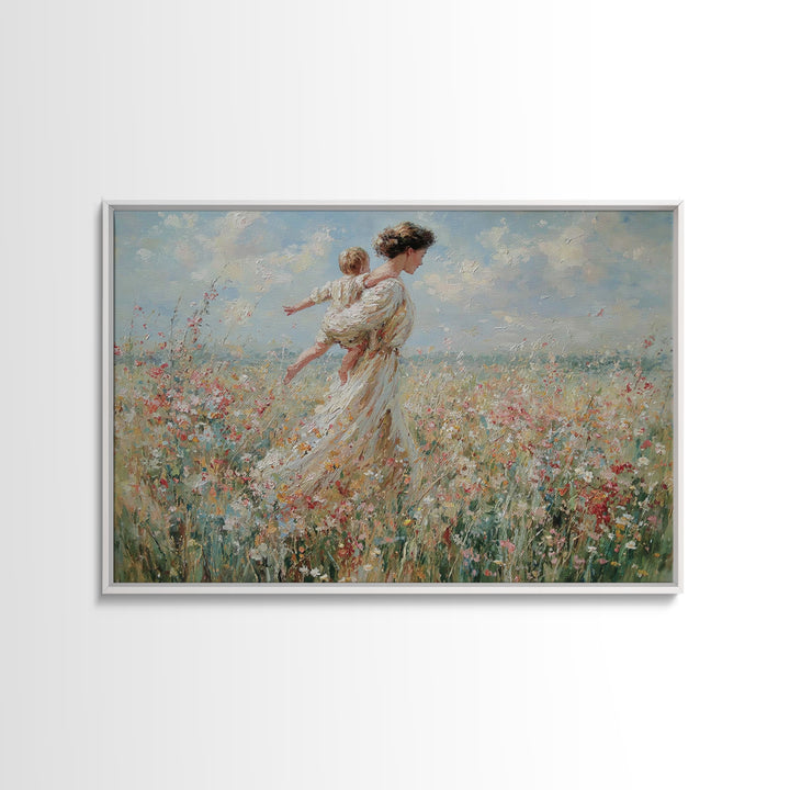 Mother Carrying Child Across Breezy Wildflower Field Wall Art, Impressionist Floral Landscape Canvas Print, Gift For Mom