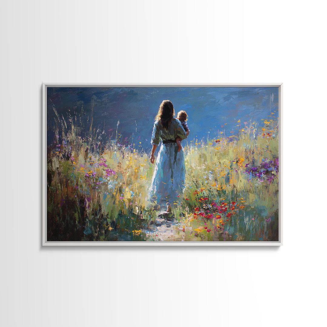 Mother And Child On Wildflower Path Wall Art, Impressionist Oil Painting Print, Feminine Nursery Decor, Gift For Mom, Living Room Decor