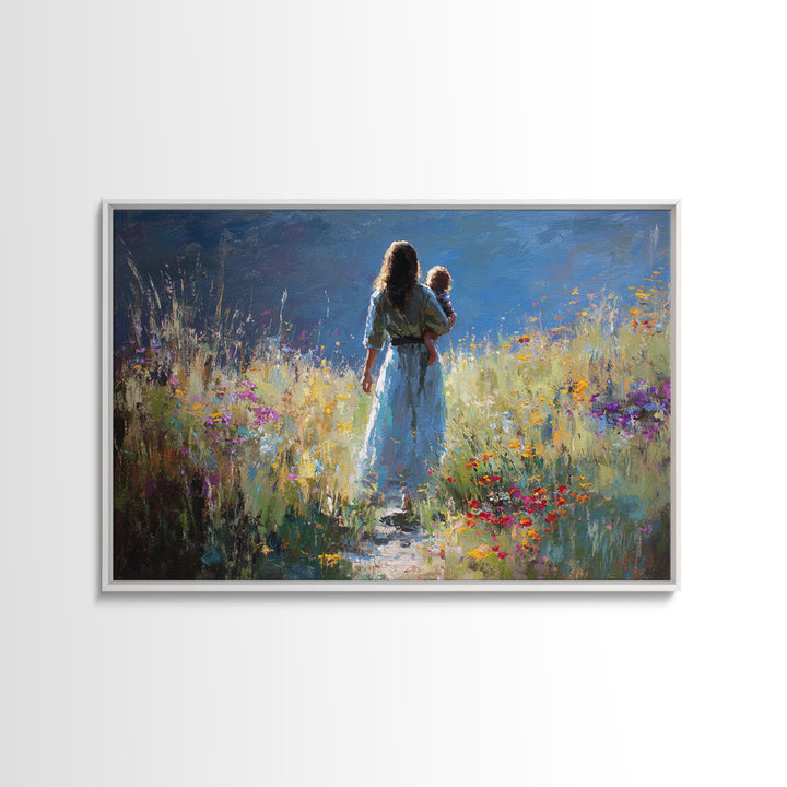 Mother And Child On Wildflower Path Wall Art, Impressionist Oil Painting Print, Feminine Nursery Decor, Gift For Mom, Living Room Decor