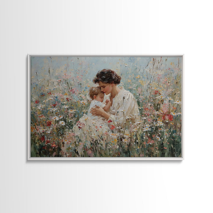Seated Mother Cuddling Baby In Flower Field Wall Art, Impressionist Oil Painting Print, Feminine Nursery Decor, Gift For Mom