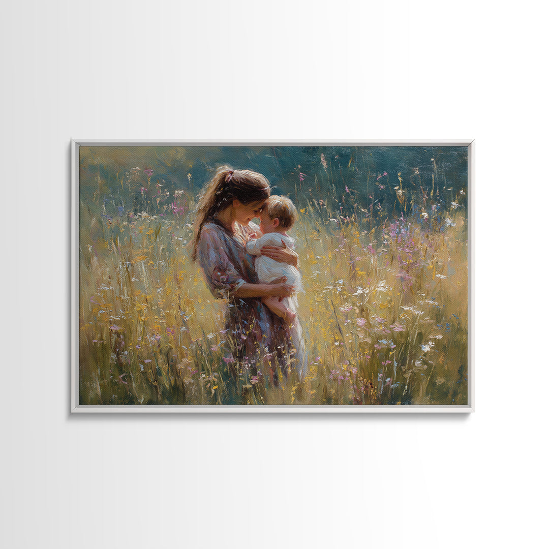 Sunlit Mother Holding Baby In Golden Meadow Framed Canvas Print, Impressionist Floral Painting, Nursery Wall Art, Gift For Her