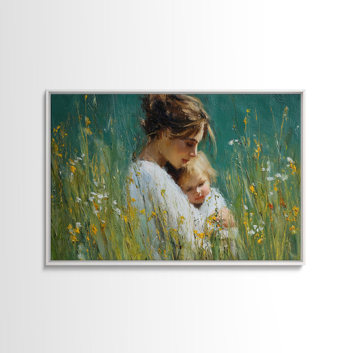 Tender Mother And Child Portrait In Green Meadow Wall Art, Impressionist Oil Painting, Feminine Nursery Decor, Gift For Mom