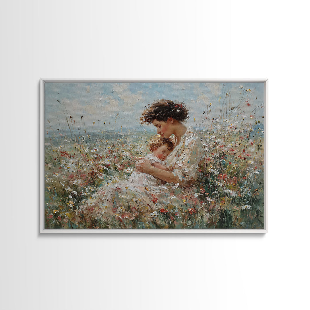 Mother Cradling Sleeping Child In Wildflowers Wall Art, Impressionist Floral Oil Painting, Nursery Decor, Gift For Her, Bedroom Decor