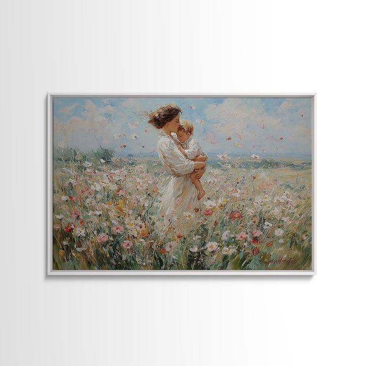 Standing Mother With Toddler In Flower Meadow Framed Canvas Print, Impressionist Landscape Painting, Nursery Wall Art, Gift For Mom