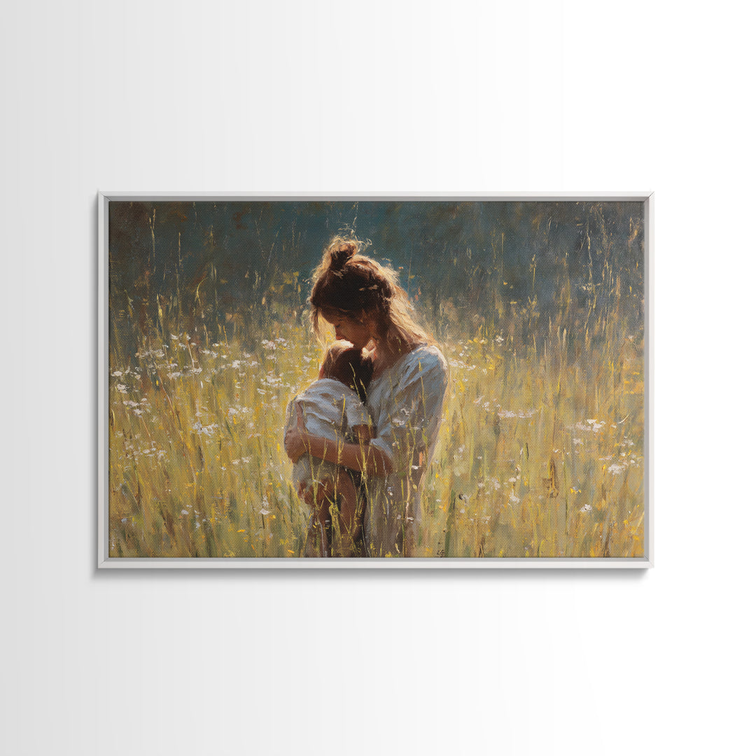 Backlit Mother Nursing Baby In Golden Grass Wall Art, Moody Impressionist Oil Painting Print, Feminine Bedroom Decor, Gift For Mom