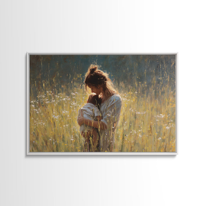 Backlit Mother Nursing Baby In Golden Grass Wall Art, Moody Impressionist Oil Painting Print, Feminine Bedroom Decor, Gift For Mom