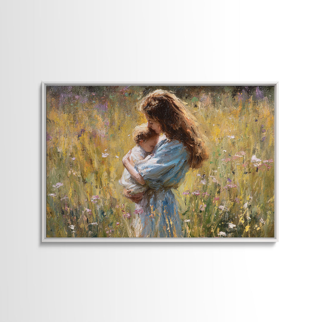 Long Haired Mother Cradling Baby In Wildflower Field Canvas Print, Impressionist Oil Painting, Feminine Wall Decor, Gift For Her