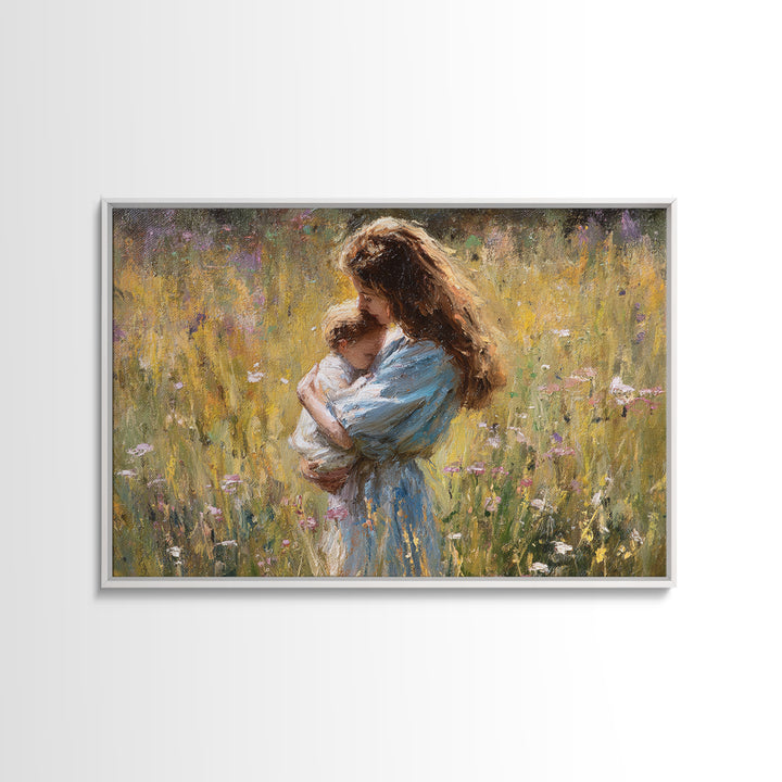 Long Haired Mother Cradling Baby In Wildflower Field Canvas Print, Impressionist Oil Painting, Feminine Wall Decor, Gift For Her