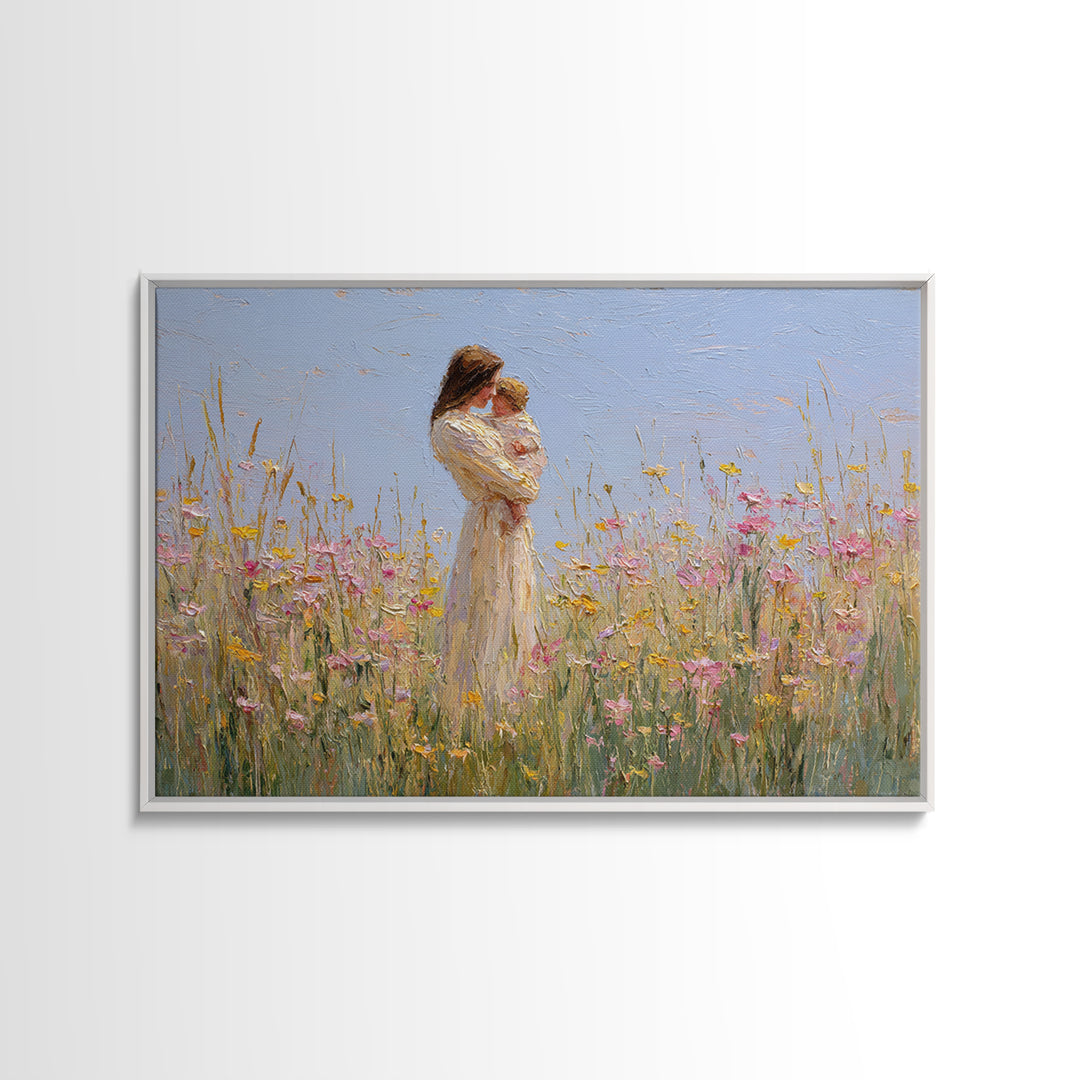 Mother Holding Baby By Wildflowers Framed Canvas Print, Soft Impressionist Painting, Nursery Wall Art, Floral Home Decor
