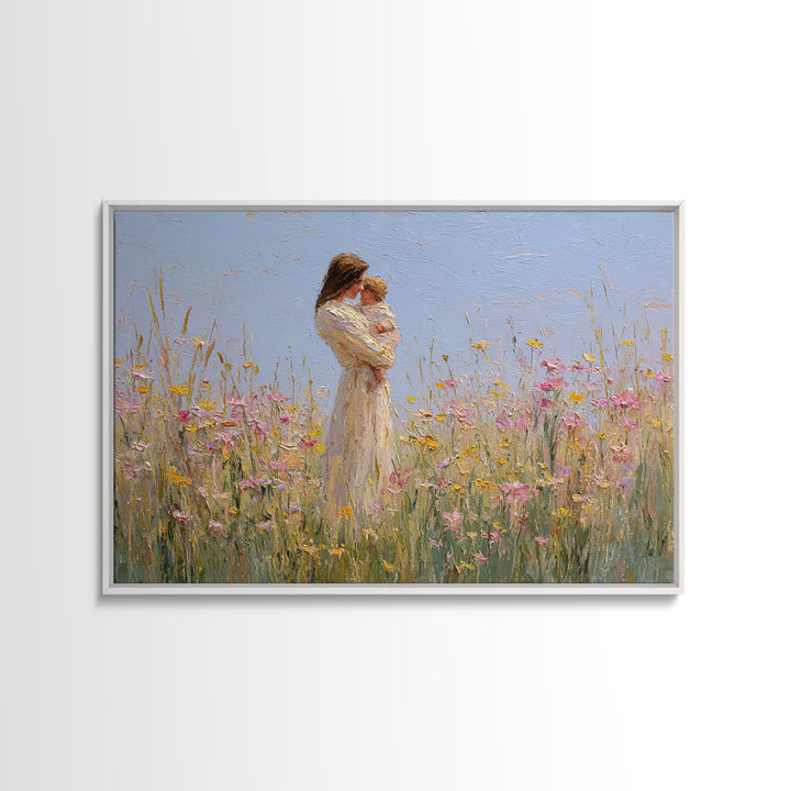Mother Holding Baby By Wildflowers Framed Canvas Print, Soft Impressionist Painting, Nursery Wall Art, Floral Home Decor