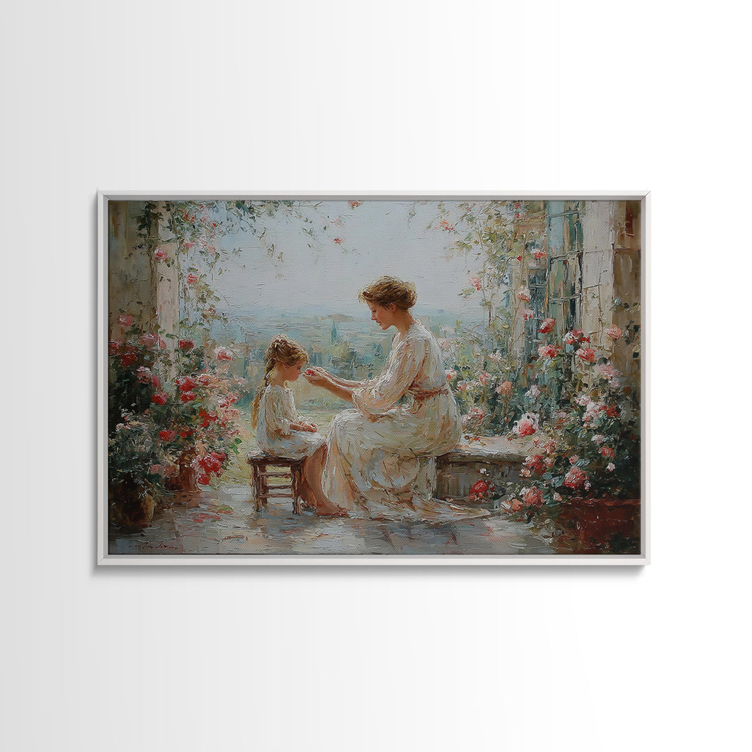 Mother And Daughter Garden Terrace Wall Art, Floral Impressionist Canvas, Nursery Decor, Gift For Mom, Bedroom Wall Decor