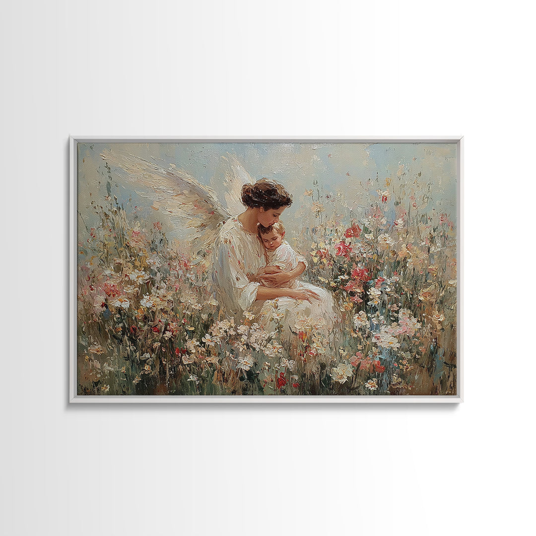 Guardian Angel Holding Baby Framed Canvas Print, Floral Meadow Wall Art, Christian Nursery Decor, Baptism Gift For Mom, Newborn Gift