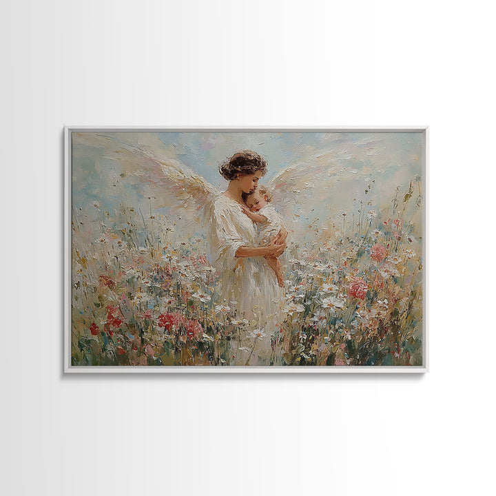 Angel Mother And Baby Wildflower Canvas Print, Christian Wall Art, Floral Nursery Decor, Baptism Gift, Peaceful Home Decor