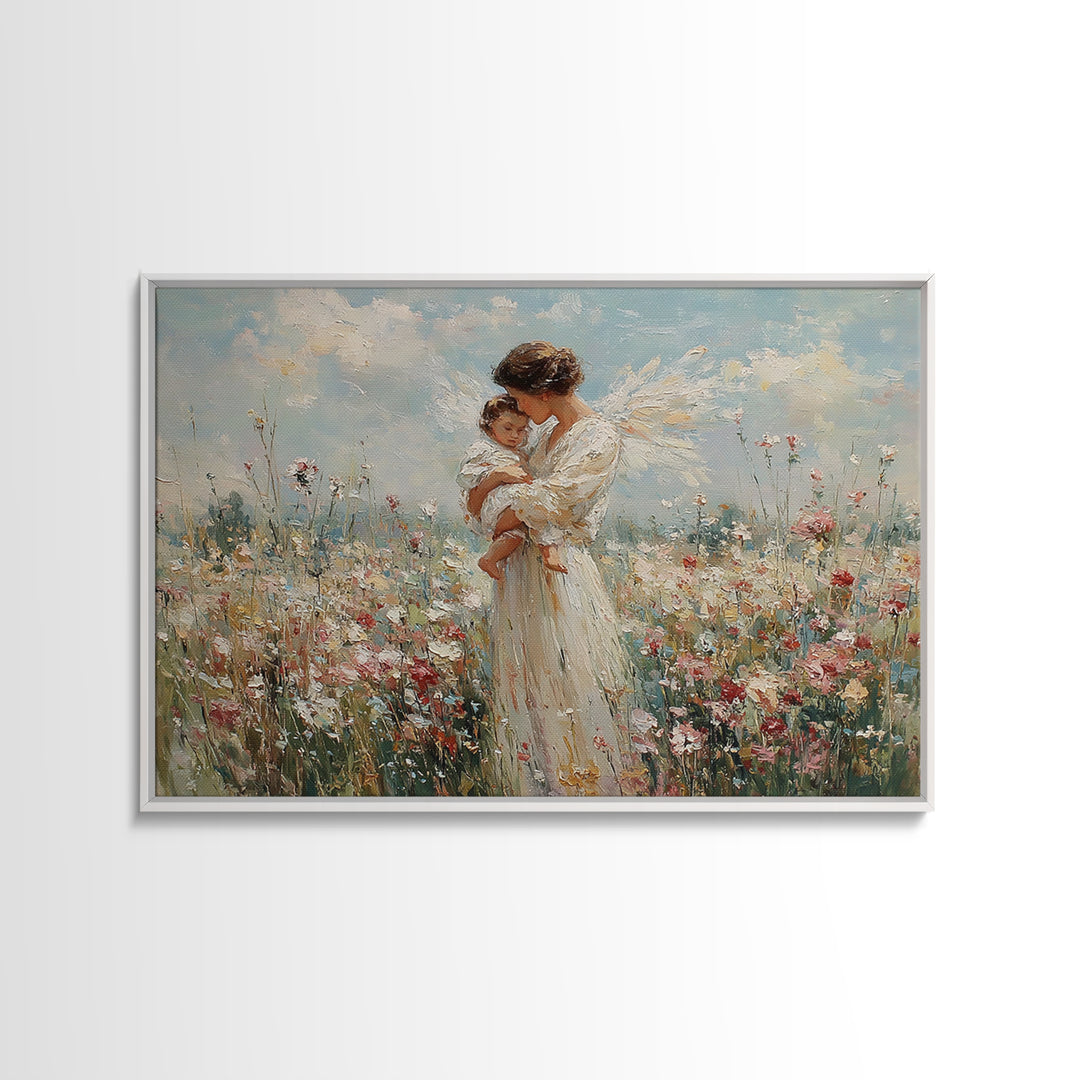 White Angel Holding Child Wall Art, Floral Meadow Canvas, Christian Nursery Decor, Baptism Gift, Guardian Angel Print For Baby Room