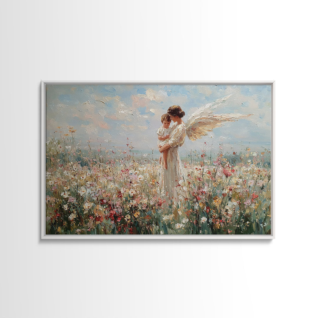 Guardian Angel And Baby Wildflower Wall Art, Christian Canvas Print, Floral Nursery Decor, Baptism Gift, Baby Shower Gift