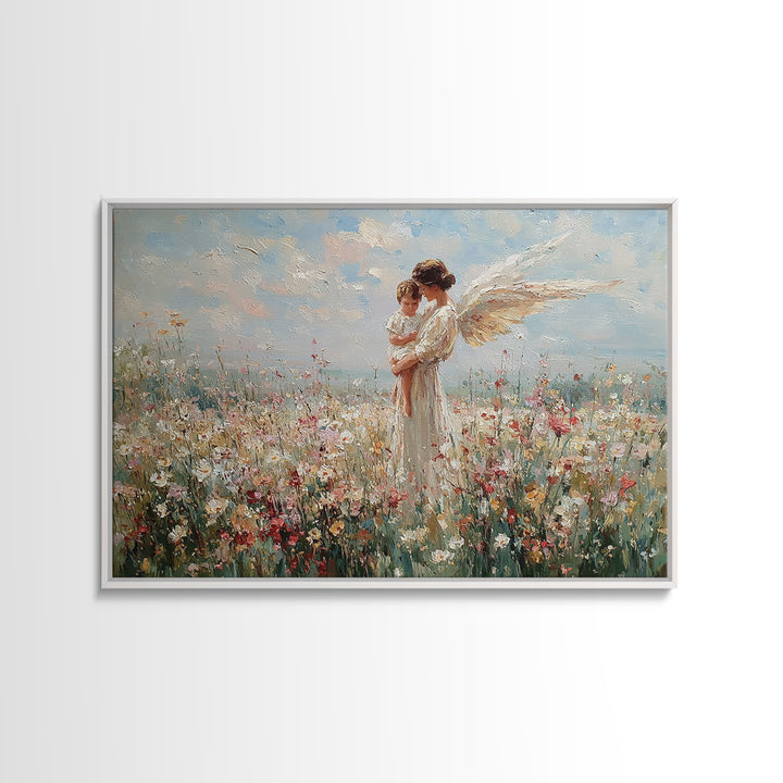 Guardian Angel And Baby Wildflower Wall Art, Christian Canvas Print, Floral Nursery Decor, Baptism Gift, Baby Shower Gift