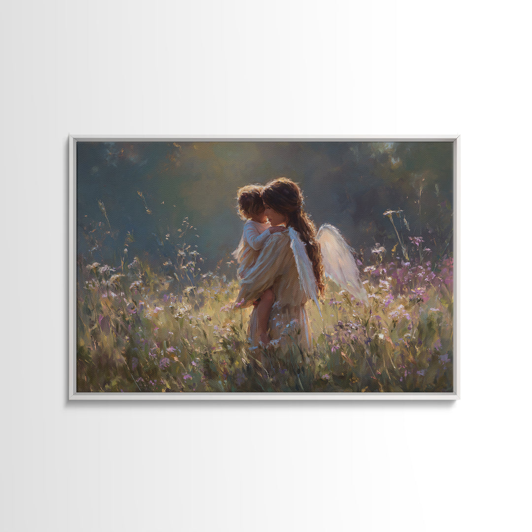Backlit Angel Mother And Child Wall Art, Moody Wildflower Canvas Print, Christian Nursery Decor, Guardian Angel Gift For Mom