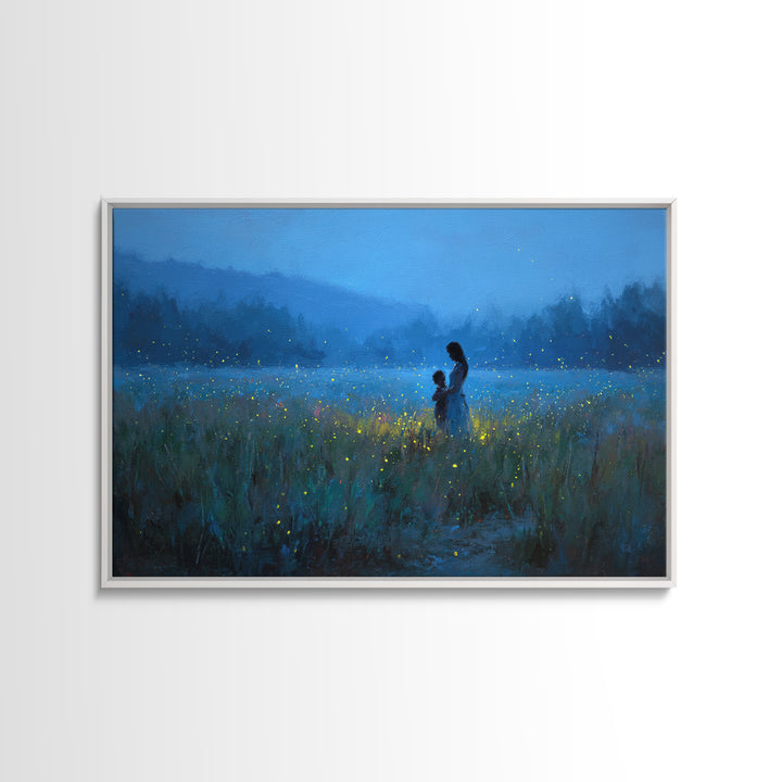 Blue Twilight Mother And Child Firefly Meadow Wall Art, Moody Landscape Canvas Print, Nursery Decor, Gift For Mom, Bedroom Wall Decor