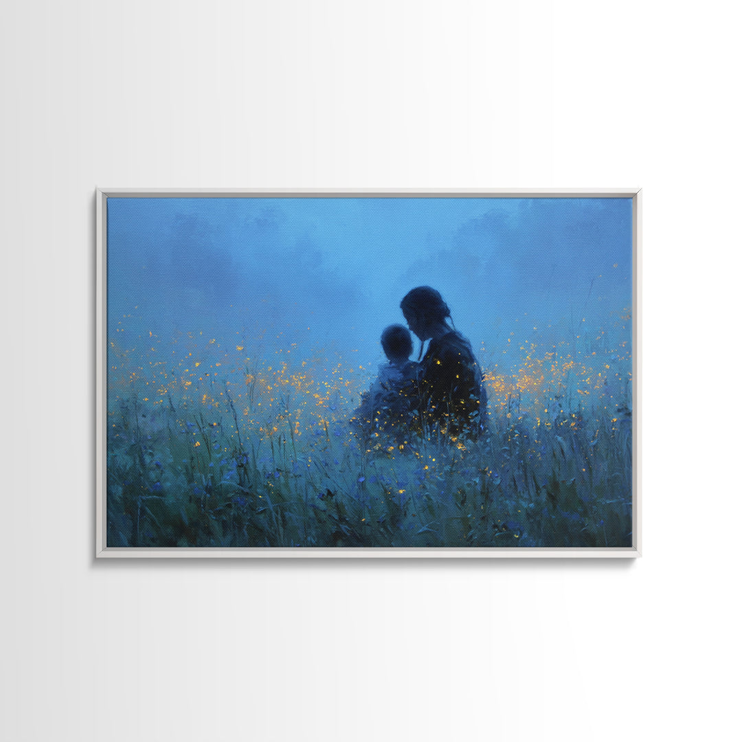 Mother And Baby In Blue Firefly Meadow Wall Art, Moody Nursery Canvas Print, Peaceful Bedroom Decor, Gift For Mom, Newborn Gift
