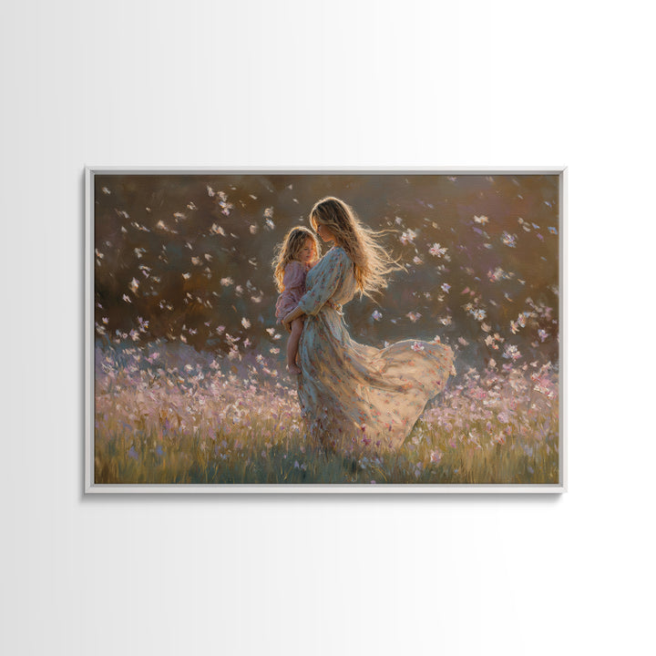 Sunlit Mother And Child Flower Field Canvas Print, Floral Wall Art, Feminine Bedroom Decor, Gift For Mom, Boho Home Decor