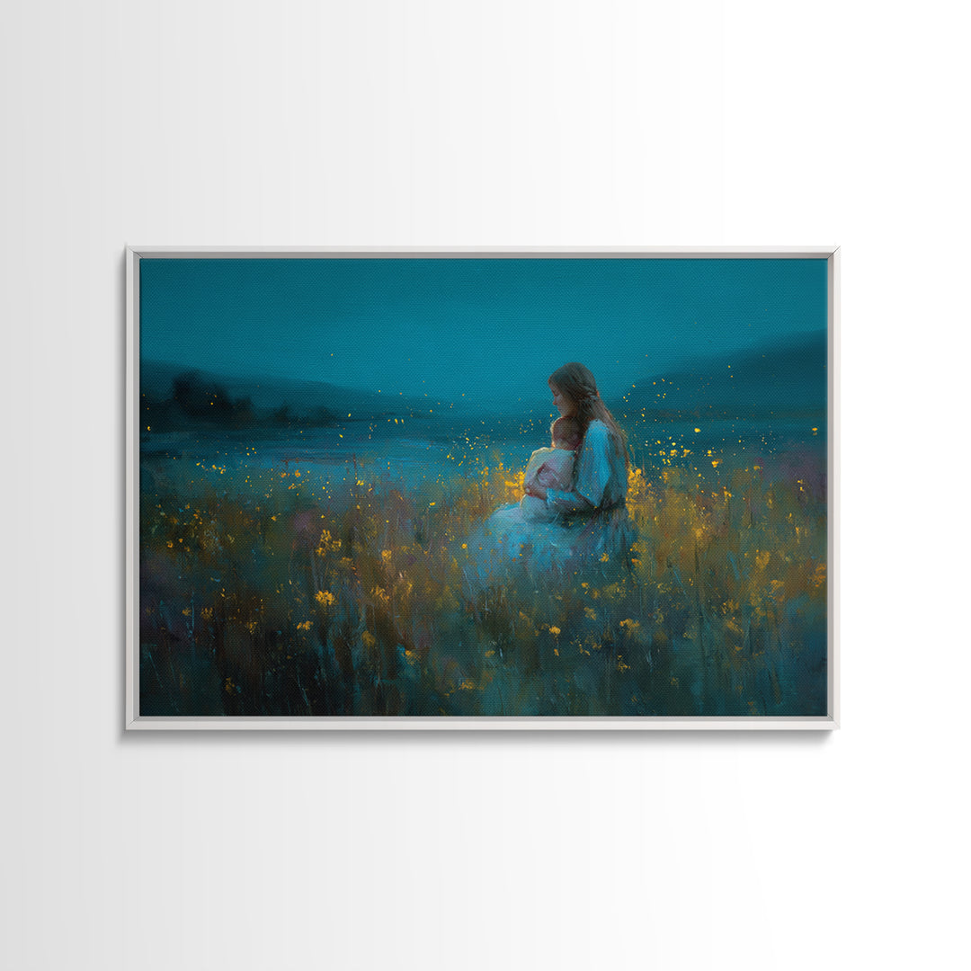 Twilight Mother And Baby In Firefly Meadow Wall Art, Floral Nursery Decor, Motherhood Gift, Living Room Art, Fine Art Print