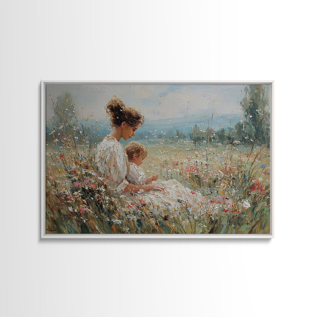 Seated Mother And Child In Sunlit Meadow Wall Art, Impressionist Floral Canvas, Nursery Decor, Housewarming Gift, Living Room Decor