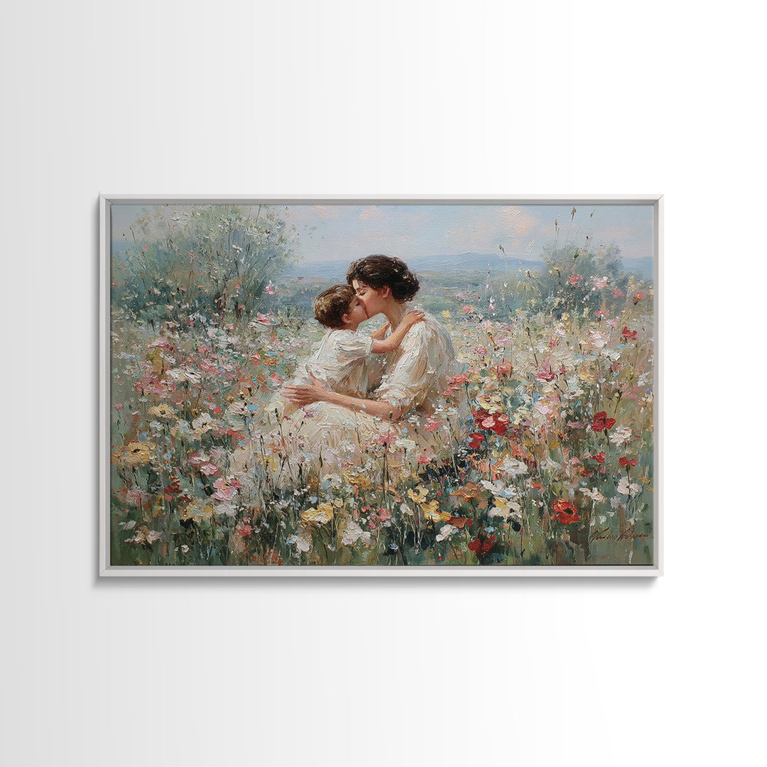 Mother Kissing Child In Romantic Wildflower Field Framed Canvas Print, Floral Wall Art, Feminine Decor, Gift For Her, Nursery Wall Art