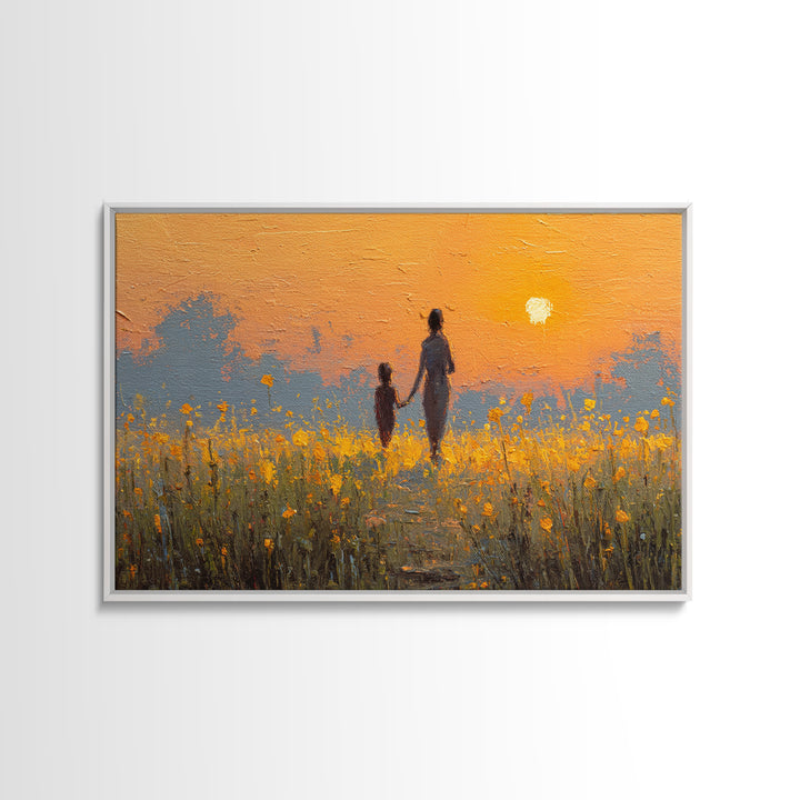 Sunset Silhouette Mother And Child In Yellow Field Wall Art, Warm Landscape Print, Nursery Decor, Above Bed Art, Gift For Her