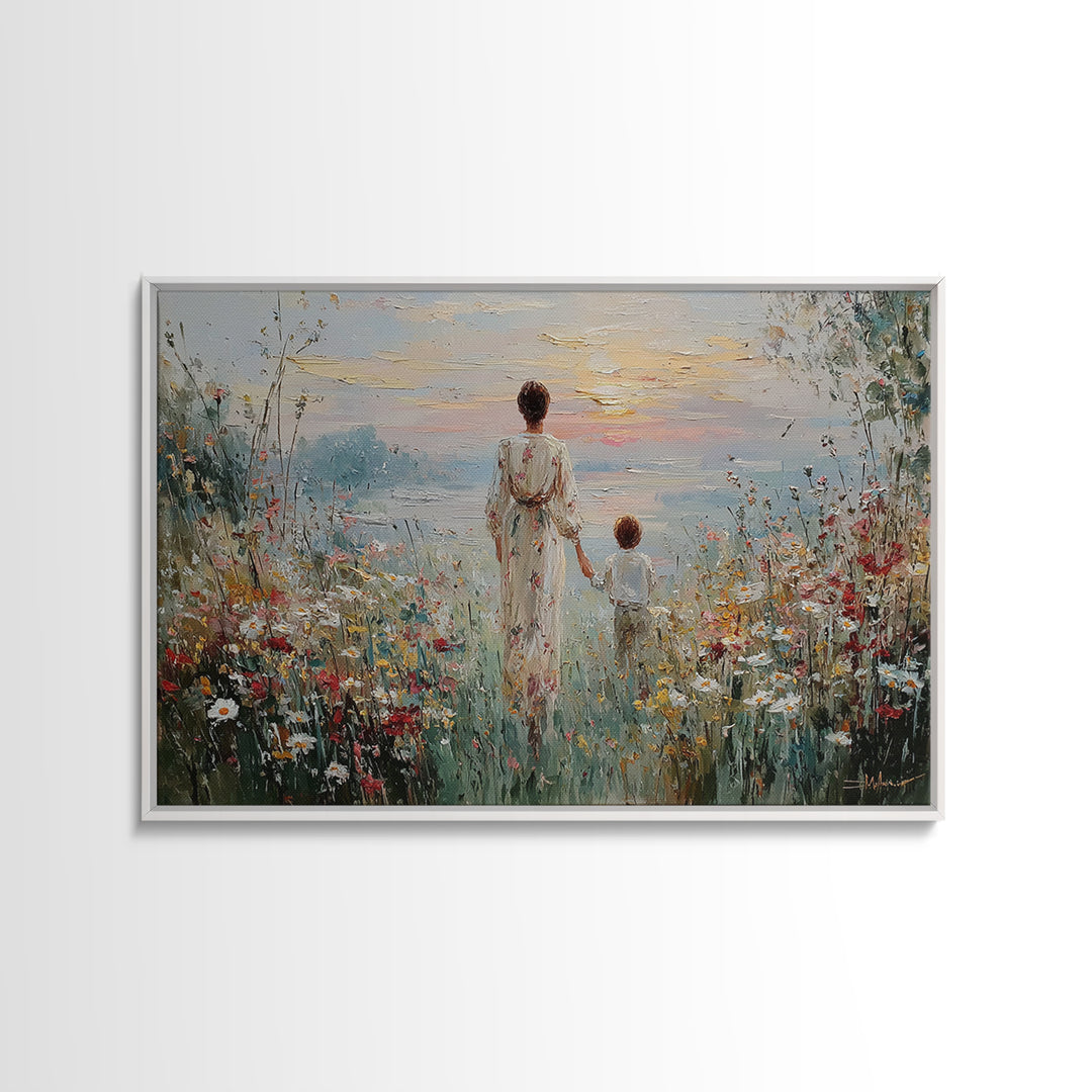 Mother And Child Walking To Lake At Sunset Framed Canvas Print, Wildflower Wall Art, Coastal Decor, Housewarming Gift, Living Room Art