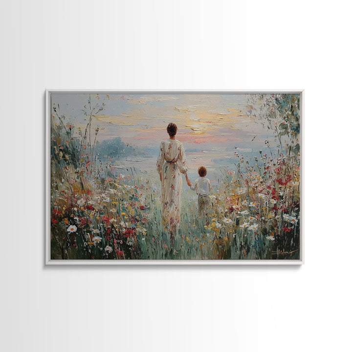 Mother And Child Walking To Lake At Sunset Framed Canvas Print, Wildflower Wall Art, Coastal Decor, Housewarming Gift, Living Room Art