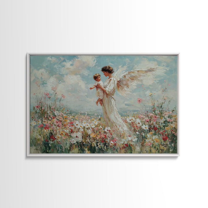 Guardian Angel Holding Child Framed Canvas Print, Heavenly Wildflower Meadow Painting, Christian Wall Art, Nursery Decor Gift