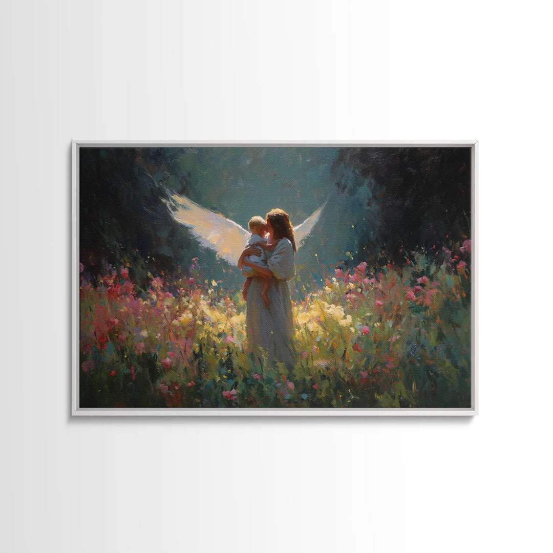 Glowing Guardian Angel And Child Wall Art, Dark Floral Meadow Painting, Christian Nursery Decor, Spiritual Gift For Mom, Home Decor