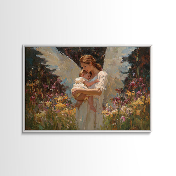 Angel Mother Cradling Baby In Garden Canvas Print, Soft White Wings Floral Painting, Christian Nursery Wall Art, Gift For Mom