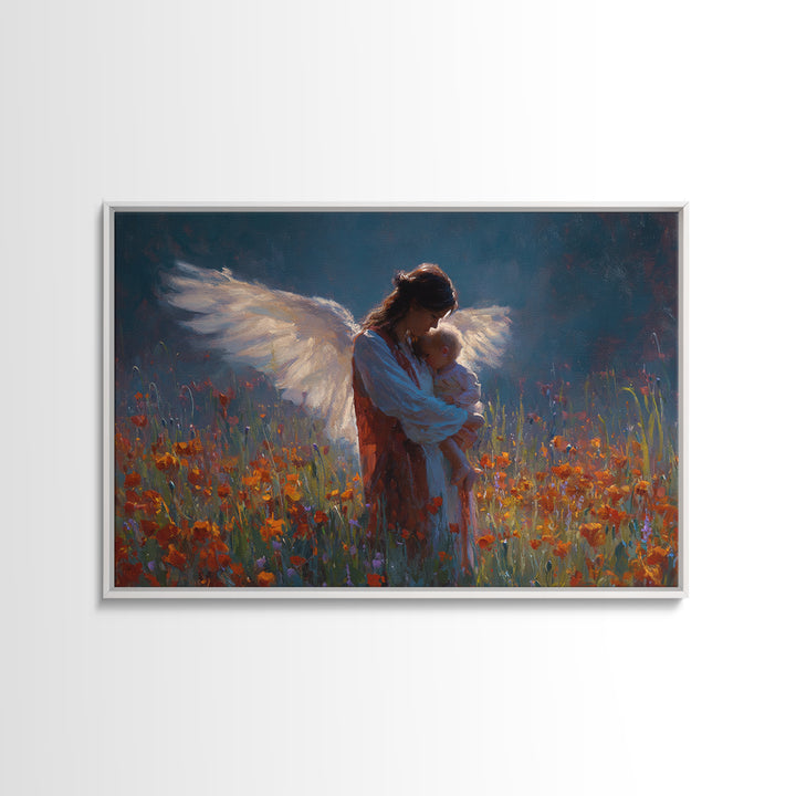 Angel Mother Holding Baby In Poppy Meadow Wall Art, Dark Blue Floral Painting, Christian Nursery Decor, Spiritual Gift For Mom