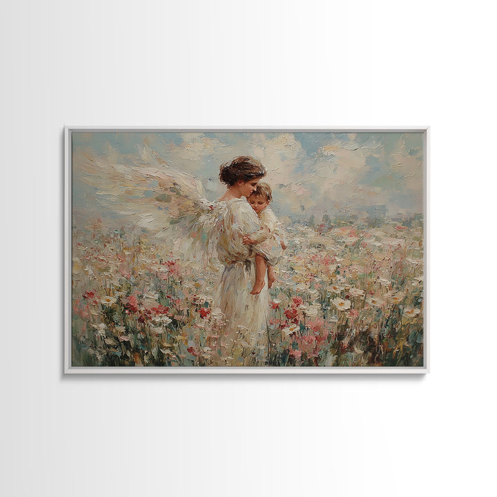Guardian Angel Mother And Child In Wildflower Meadow Wall Art, Impressionist Oil Painting, Nursery Decor, Gift For Mom, Baby Shower Gift