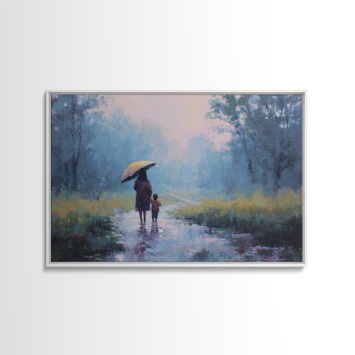Mother And Child Walking In Rainy Blue Forest Wall Art, Impressionist Landscape Painting, Calming Bedroom Decor, Gift For Her