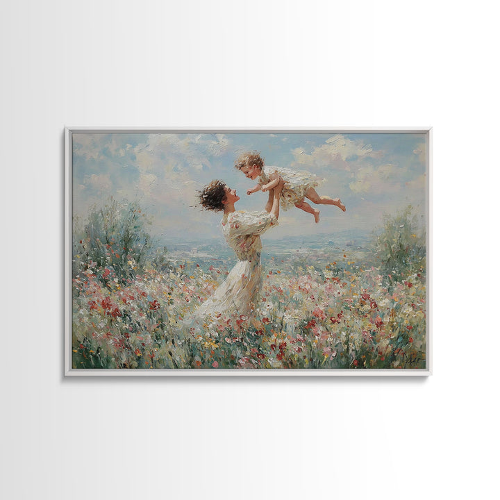 Mother Lifting Baby In Soft Floral Meadow Wall Art, Impressionist Oil Painting, Feminine Nursery Decor, Baby Shower Gift