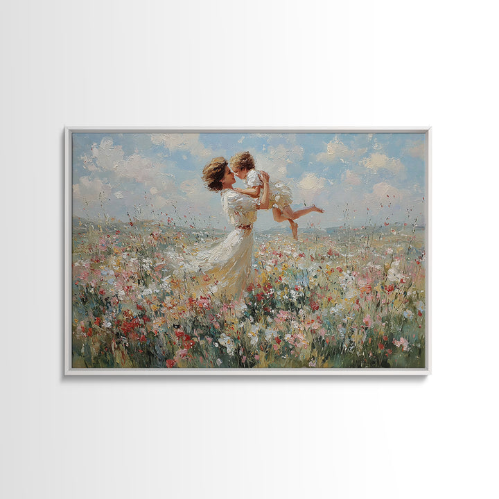 Mother Holding Baby In Breezy White Dress Wall Art, Soft Wildflower Meadow Oil Painting, Feminine Nursery Decor, Gift For Mom
