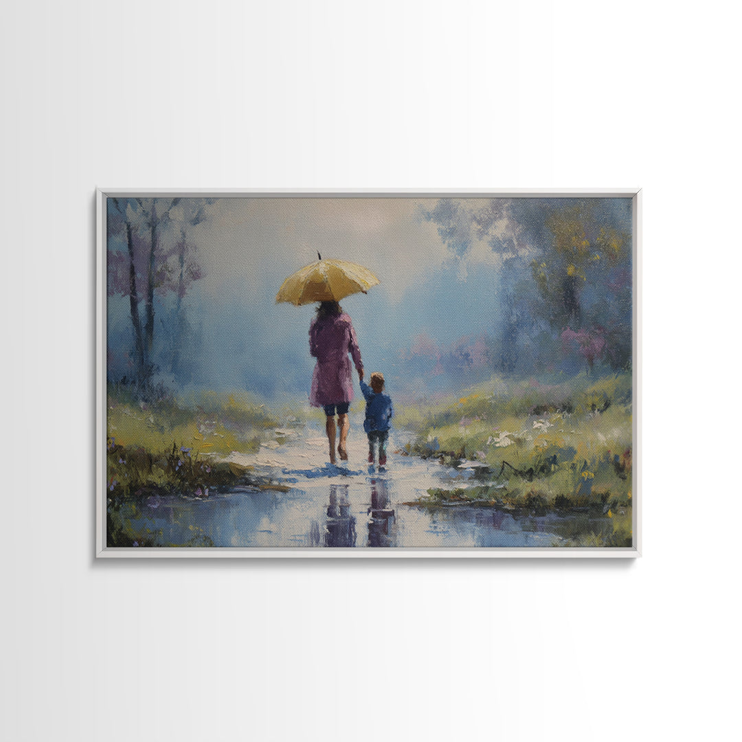Mother And Child With Yellow Umbrella Rainy Path Canvas Print, Impressionist Landscape Art, Cozy Nursery And Bedroom Decor