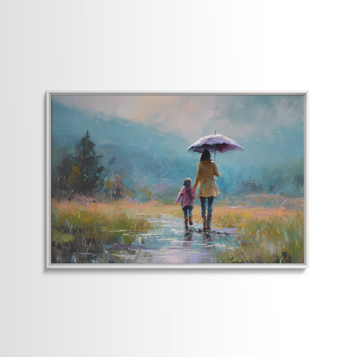 Mother And Child Walking With Umbrella Meadow Wall Art, Misty Mountain Landscape Print, Peaceful Nature Decor, Gift For Mom