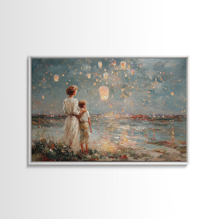 Mother And Son Watching Floating Lanterns Over Water Wall Art, Impressionist Night Lake Print, Romantic Coastal Home Decor