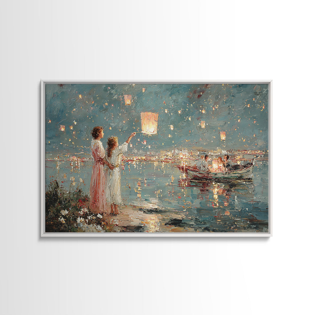 Mother And Daughter Releasing Sky Lanterns By Lake Canvas Print, Impressionist Coastal Night Art, Living Room Wall Decor