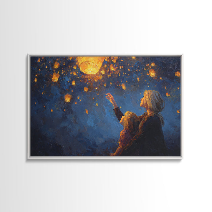 Mother And Child Reaching For Glowing Sky Lantern Canvas Print, Starry Night Wall Art, Celestial Nursery Decor, Gift For Mom