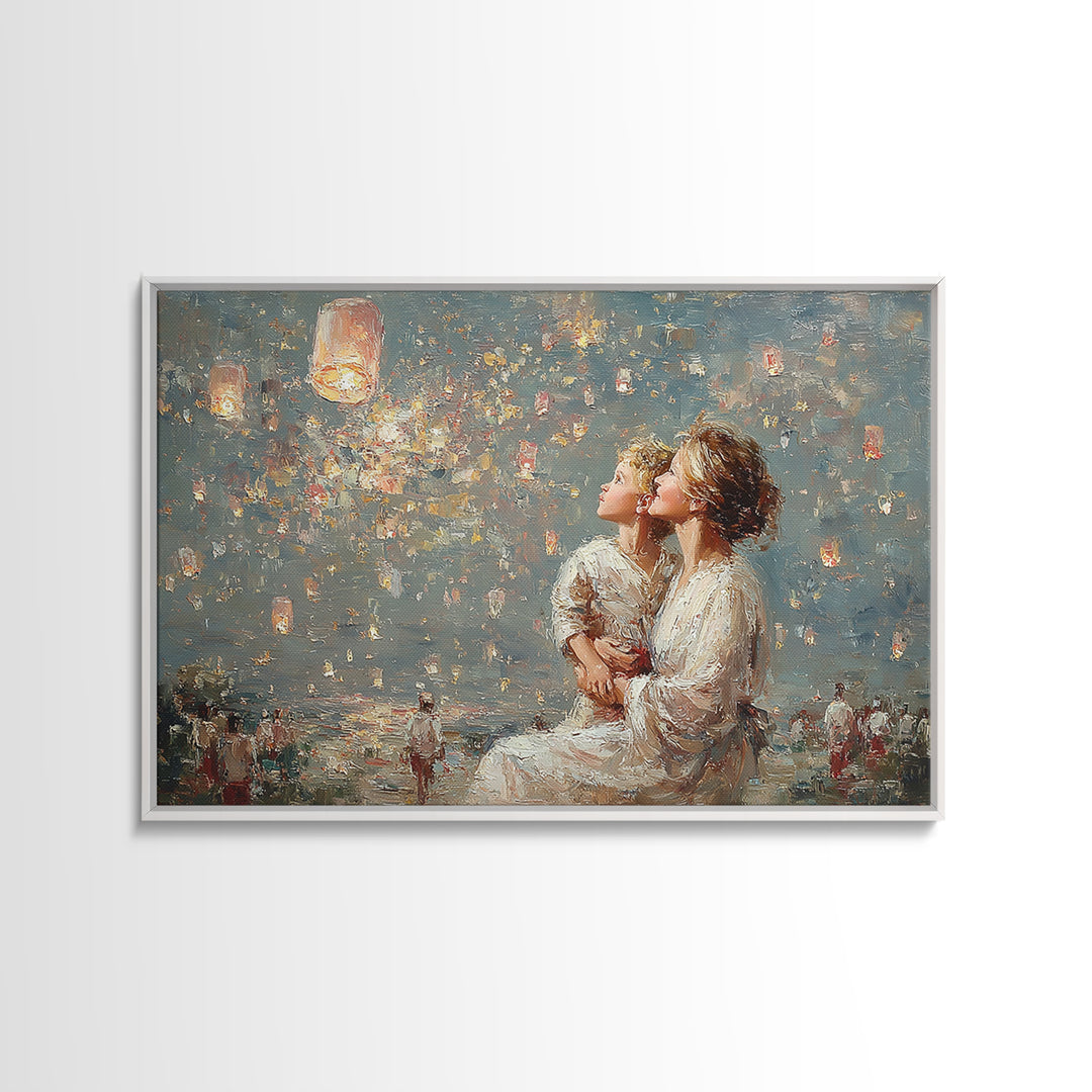 Mother And Child Lanterns By Water Framed Canvas Print, Impressionist Family Wall Art, Nursery Decor, Gift For Mom, Living Room Decor