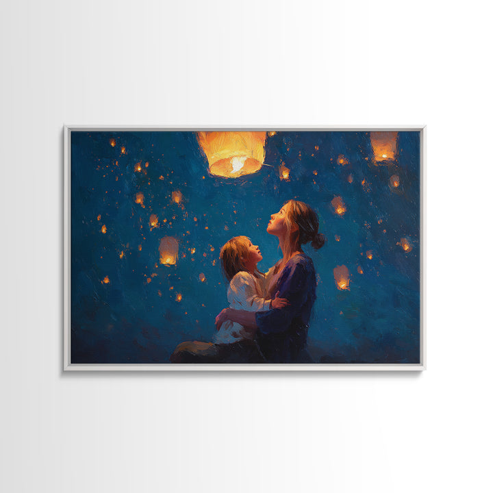 Mother And Child Sky Lanterns At Night Framed Canvas Print, Blue Celestial Wall Art, Nursery Decor, Gift For Mom, Bedroom Decor