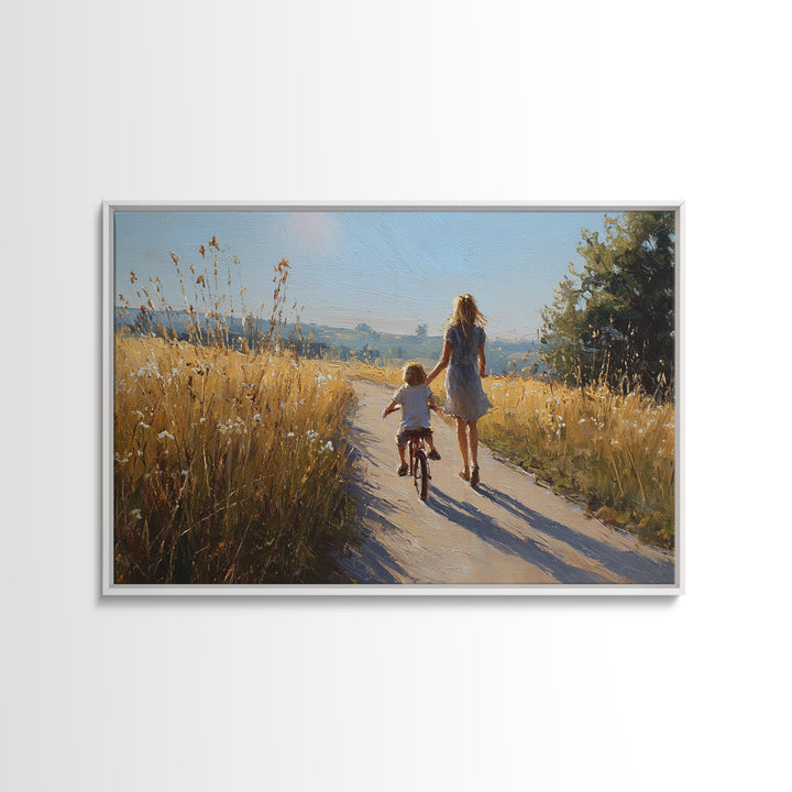 Mother And Child Bike Ride Through Wheat Fields Framed Canvas Print, Summer Landscape Wall Art, Gift For Mom, Home Decor
