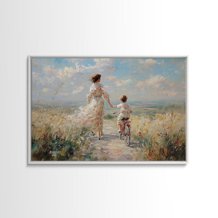 Mother And Child Cycling By Seaside Wildflowers Wall Art, Impressionist Coastal Canvas, Family Gift, Living Room Decor, Housewarming Gift