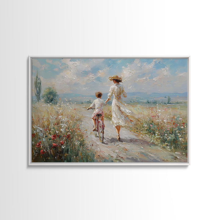 Mother Walking Beside Child On Bicycle Canvas Print, Impressionist Meadow Landscape, Coastal Wall Decor, Gift For Her, Fine Art