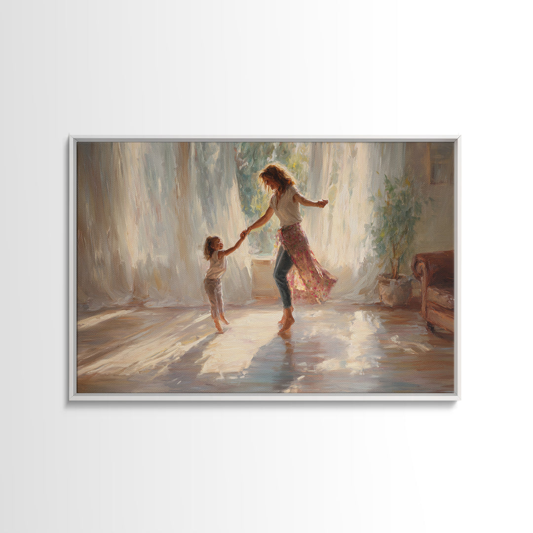 Sunlit Mother And Daughter Dancing Wall Art, Impressionist Family Painting, Feminine Bedroom Decor, Gift For Mom, Home Decor